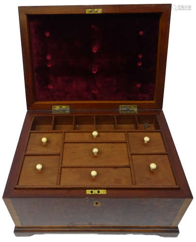Victorian burr walnut and mahogany inlaid sewing box with camphor wood sectioned lift out tray and