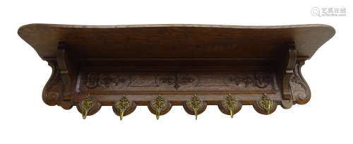 20th century French oak wall hanging coat rack, relief carved with scrolls and acanthus leaves,