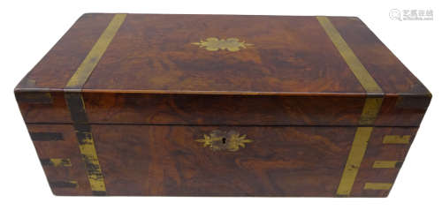 Victorian brass bound figured walnut folding writing box, gilt tooled leather and fitted interior,