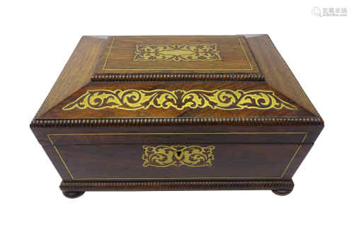 Victorian rosewood Sarcophagus shaped sewing box with scrolled brass inlay,