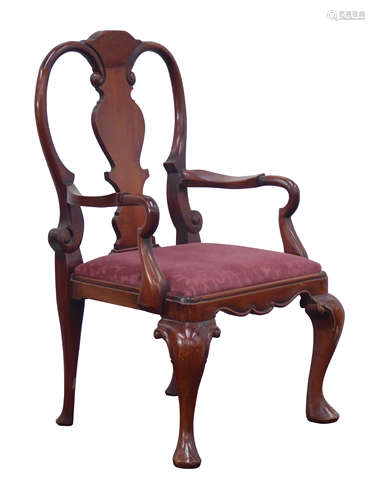 Queen Anne style child's mahogany armchair, vase shaped splat back, drop in upholstered seat,