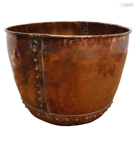 Large copper circular log bin, part riveted body, D63cm,