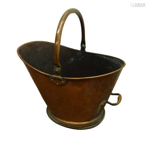 Large 19th century beaten copper coal bucket with hinged loop handle,