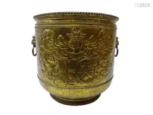 20th century brass repousse coal bucket, decorated with knights order coat of arms and leaf scrolls,