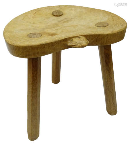 'Rabbitman' oak three legged stool, shaped dished seat carved with Rabbit signature,