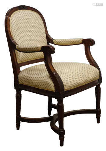 19th century open armchair, moulded mahogany frame carved with acanthus and scrolls,
