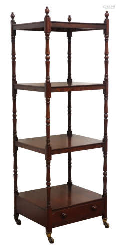 Early 19th century mahogany what-not, four tiers on turned supports with finials,