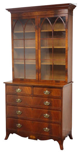 19th century inlaid mahogany bookcase on chest,