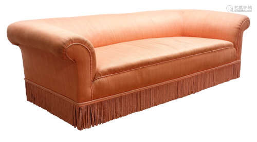 Victorian Chesterfield three seat sofa upholstered in fringed salmon fabric,