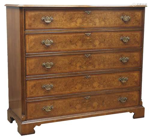 Craftsman made quality reproduction inlaid figured walnut chest, five long soft close drawers,