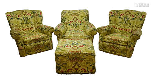 Howard style armchair (W90cm) pair of wingback armchairs and a footstool in tapestry style