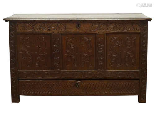 18th century oak mule chest, hinged moulded top above three panel front and drawer,