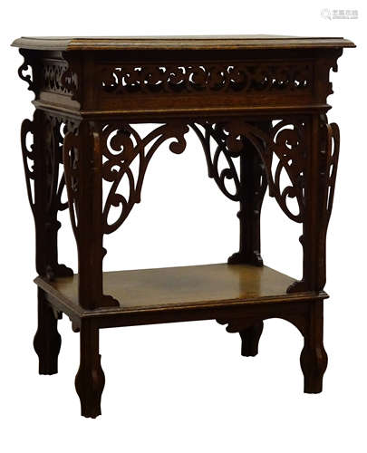 19th century oak rectangular occasional table, pierced frieze with fret carved corner brackets,