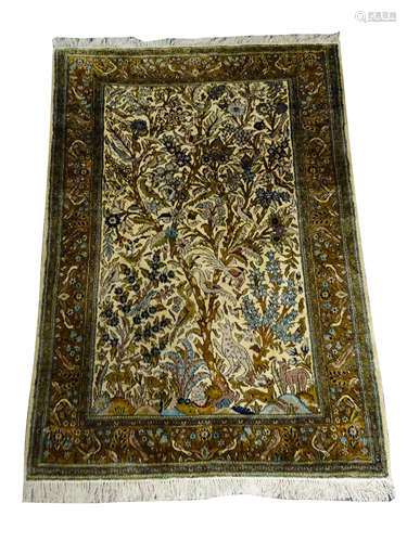 Persian multicoloured silk and wool Tree of Life design rug,