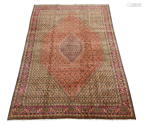 Persian Bijar rug carpet, central lozenge within larger lozenge, all over Heratti motif decoration,