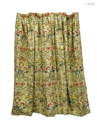 Pair pencil pleated curtains, pale ground fabric with raised stitching,