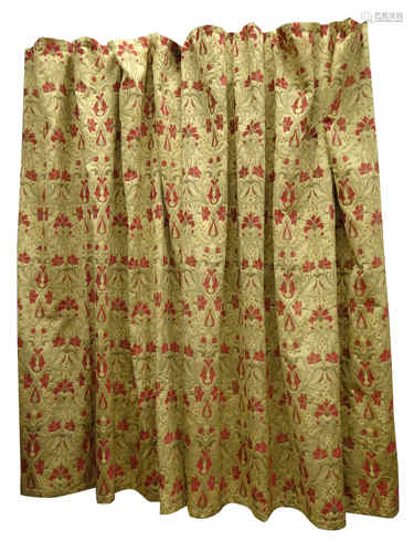 Curtina - Large pair pencil pleated red and gold floral Damask fabric curtains, fully lined,