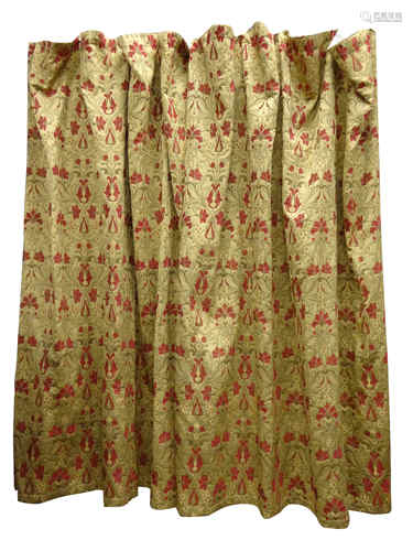 Curtina - Large pair pencil pleated red and gold floral Damask fabric curtains, fully lined,