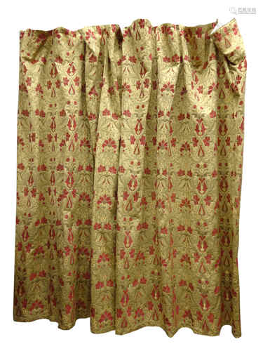 Curtina - Large pair pencil pleated red and gold floral Damask fabric curtains, fully lined, W220cm,