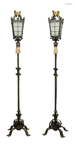 Pair wrought metal standard lamps, opaque glazed lantern tops with gilt coronet cresting,