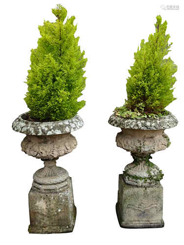 Pair composite stone garden urns,