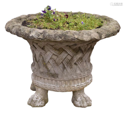 Large composite stone garden urn, bell shaped lattice moulded body with flared rim,