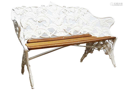 Coalbrookdale style cast metal fern pattern bench, hardwood slatted seat, white painted finish,