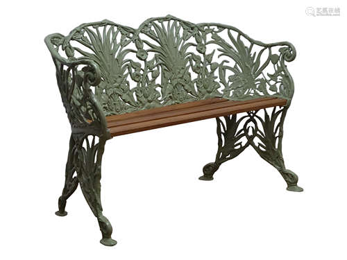 Coalbrookdale style cast metal wheat sheaf bench, hardwood slatted seat, green painted finish,