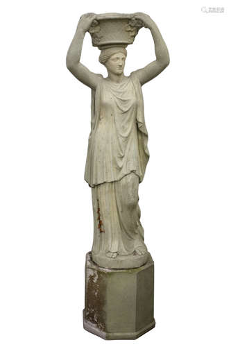 Large composite garden statue of a Roman goddess, standing supporting a flower basket,