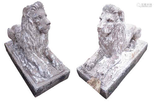 Large pair early painted composite stone recumbent lions,W44cm, H79cm,