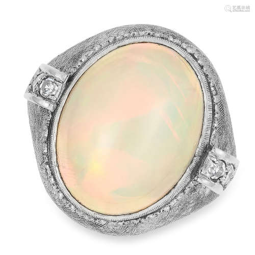 OPAL AND DIAMOND RING set with an oval cabochon opal of 6.08 carats and single cut diamonds, size