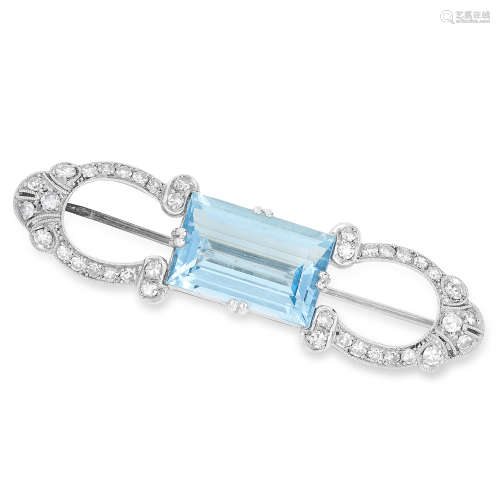 ANTIQUE AQUAMARINE AND DIAMOND BROOCH set with a step cut aquamarine of 6.70 carats accented by