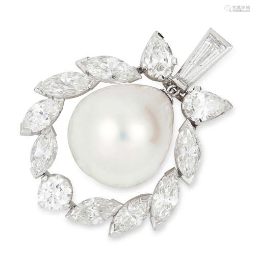 NATURAL PEARL AND DIAMOND PENDANT set with a pearl of 14.4mm encircled by a halo of round, pear,