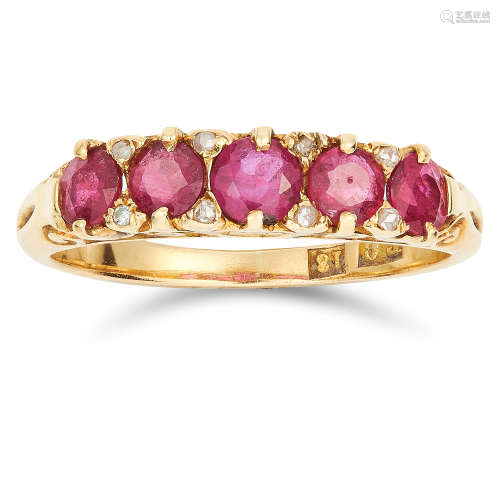 ANTIQUE UNHEATED RUBY AND DIAMOND RING CIRCA 1890 set with five cushion cut rubies totalling 0.70
