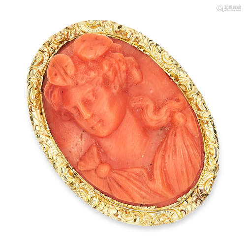 ANTIQUE CARVED CORAL CAMEO RING, 19TH CENTURY set with an oval carved coral cameo measuring 3.1 x