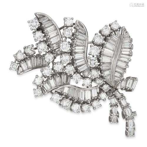 DIAMOND FLOWER SPRAY BROOCH set with round and baguette cut diamonds, 4.5cm, 17.5g.