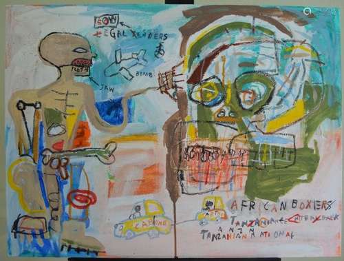 JEAN MICHEL BASQUIAT (ATTR) MIXED MEDIA ON CVS PAINTING