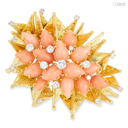 VINTAGE CORAL AND DIAMOND BROOCH, ANDREW GRIMA 1973 set with coral cabochons and round cut diamonds,