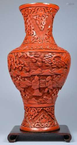 CHINESE QING CARVED CINNABAR BALUSTER VASE 19TH C OR