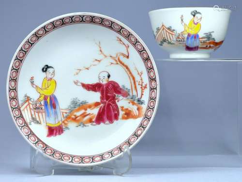 CHINESE MANDARIN PORCELAIN FIGURAL PLATE+SAUCER 18TH C