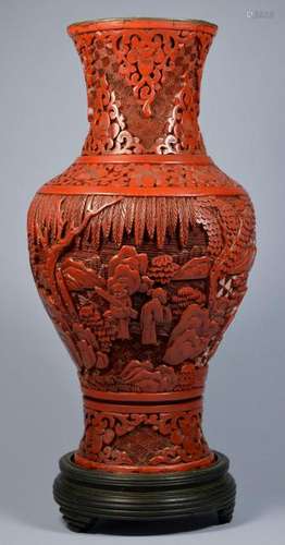 CHINESE QIANLONG LARGE CINNABAR VASE 18-19TH C