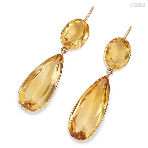 ANTIQUE CITRINE EARRINGS set with pear and oval cut citrines, 4.0cm, 5.8g.