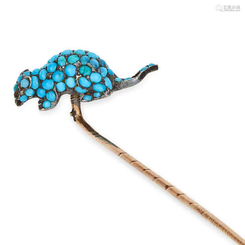 ANTIQUE TURQUOISE RAT / MOUSE STICK PIN set with turquoise cabochons, 7.4cm, 4.4g.