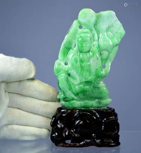 CHINESE CERTIFIED GRADE A GREEN JADE CARVED BUDDHA