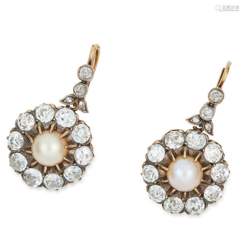 ANTIQUE PEARL AND DIMOND CLUSTER EARRINGS, the pearls of 7.6mm within clusters of old cut diamonds