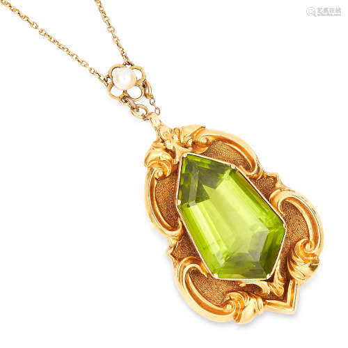 ANTIQUE PERIDOT AND PEARL PENDANT AND CHAIN set with a fancy, hexagonal step cut peridot on a