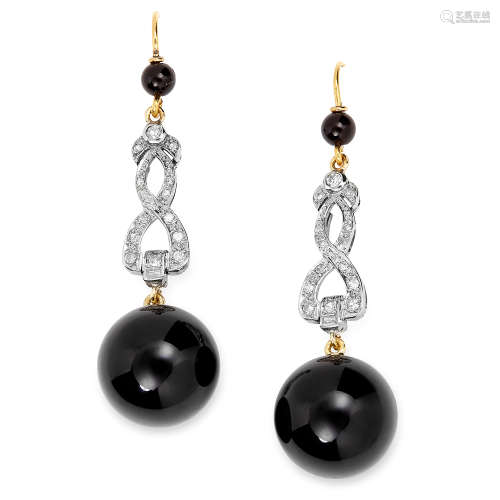 ART DECO ONYX AND DIAMOND EARRINGS set with old and rose cut diamonds, suspending onyx beads of 14.