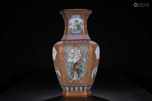 QIANLONG' MARK FAMILLE ROSE HEXAGONAL VASE