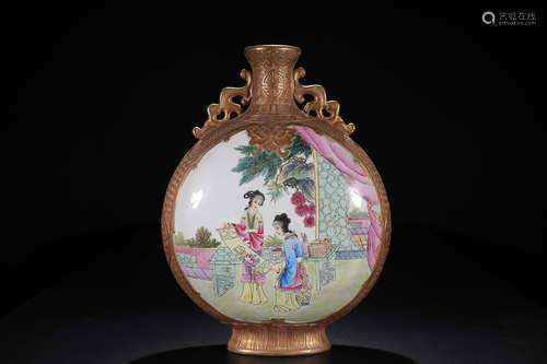 QIANLONG' MARK FAMILLE ROSE CHARACTER STORY MOON FLASK VASE