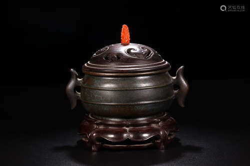 QIANLONG' MARK BRONZE DOUBLE-EAR INCENSE HOLDER